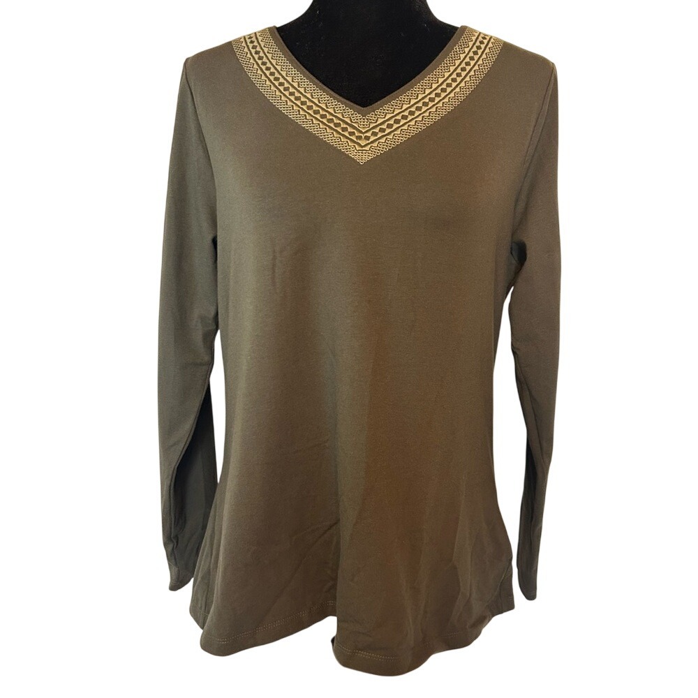 NWT Denim and Company Olive Green Embroidered V‎ Neckline Long Sleeve Top Size M